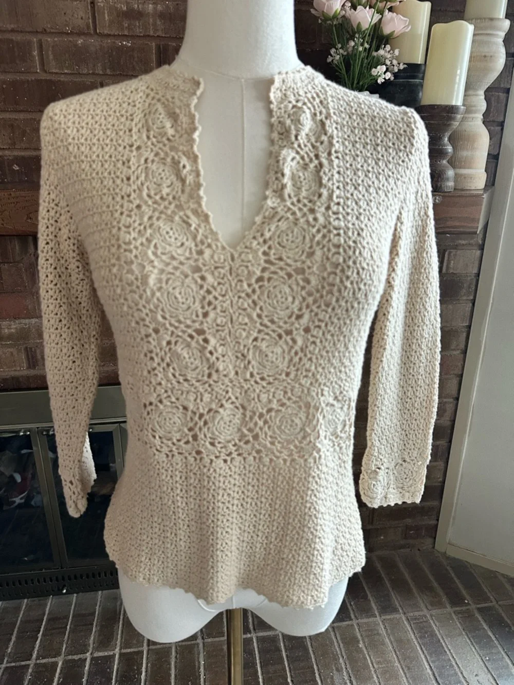 J.Crew Cream Crochet Floral Cutout V-Neck Sweater Top Boho Cottagecore S
